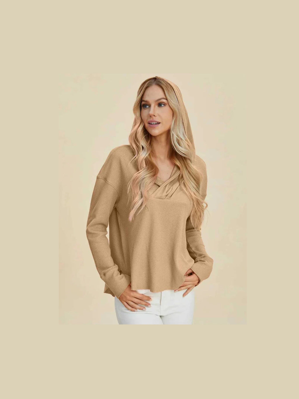 Double Take Full Size High-Low Dropped Shoulder Long Sleeve Hoodie -- 