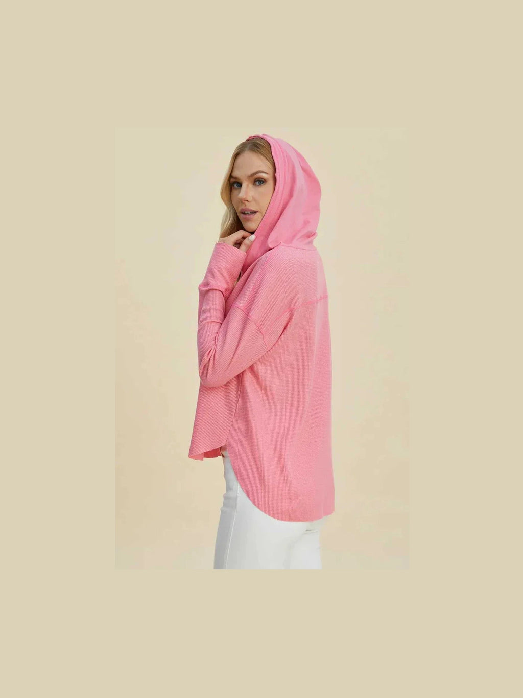 Double Take Full Size High-Low Dropped Shoulder Long Sleeve Hoodie -- 
