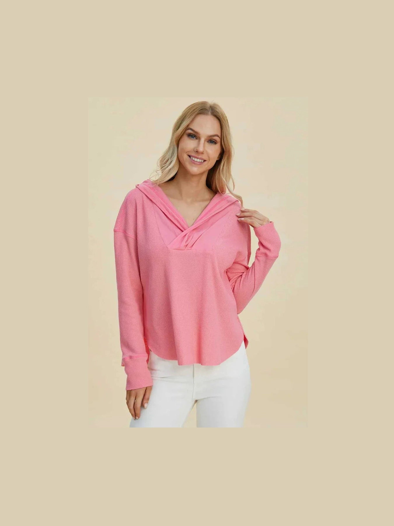 Double Take Full Size High-Low Dropped Shoulder Long Sleeve Hoodie -- 