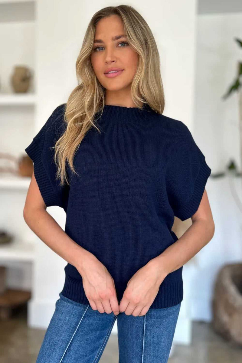Double Take Full Size Mock Neck Short Sleeve Sweater - Hopeford Streams