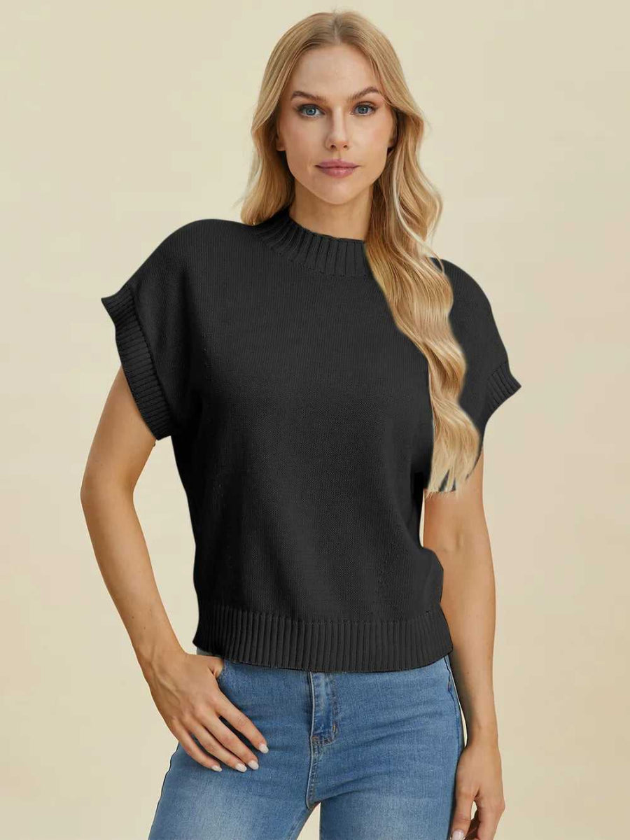 Double Take Full Size Mock Neck Short Sleeve Sweater - Hopeford Streams