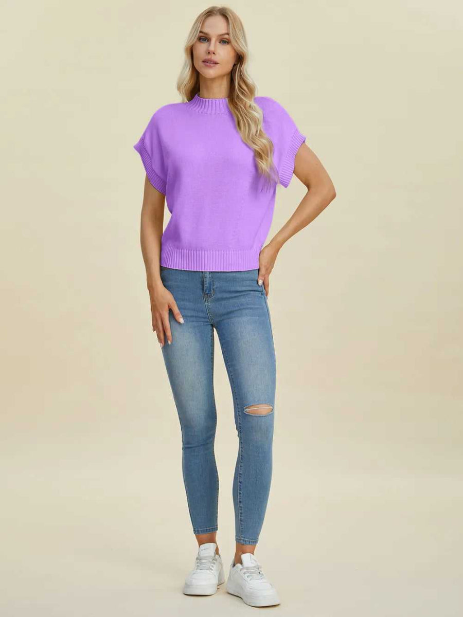 Double Take Full Size Mock Neck Short Sleeve Sweater - Hopeford Streams