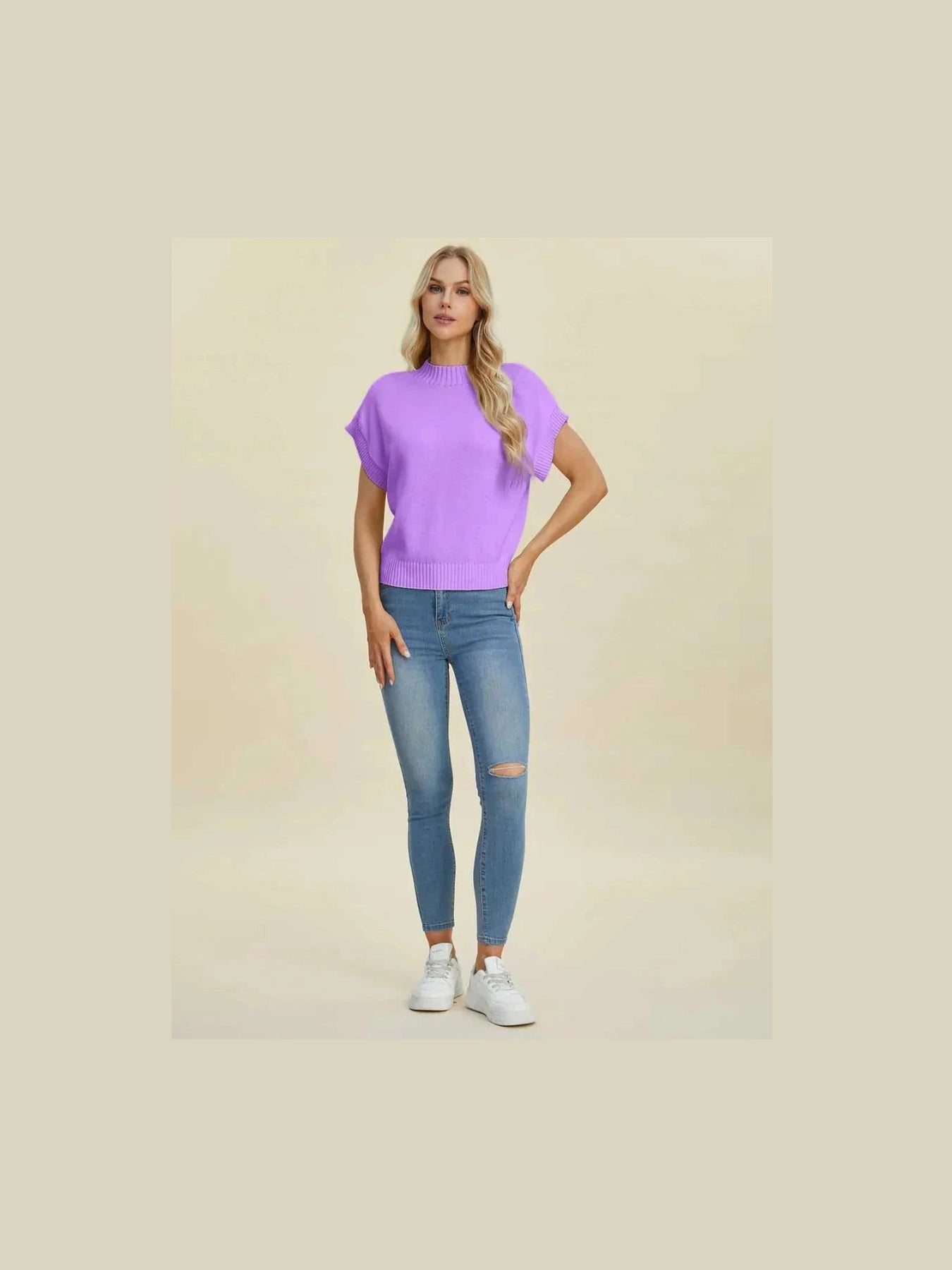 Double Take Full Size Mock Neck Short Sleeve Sweater -- 