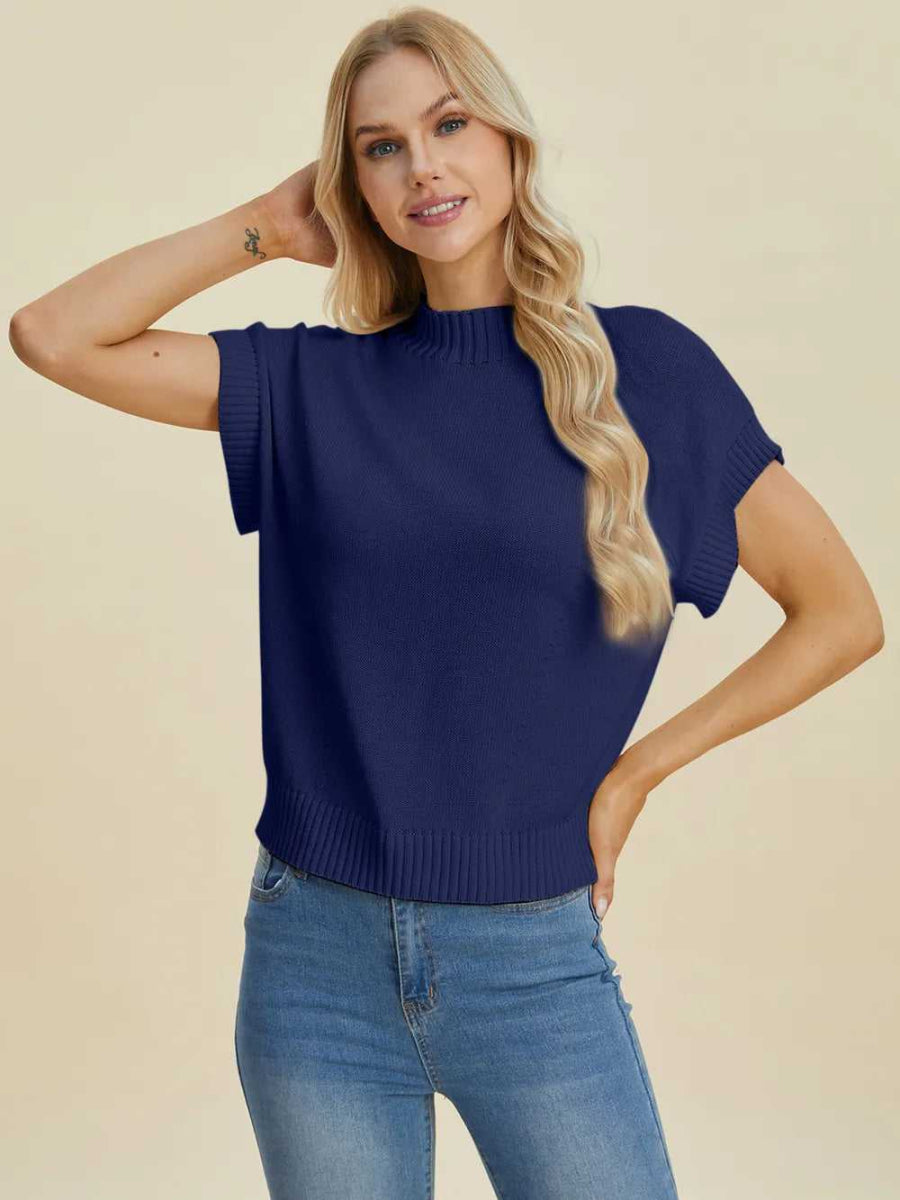 Double Take Full Size Mock Neck Short Sleeve Sweater - Hopeford Streams