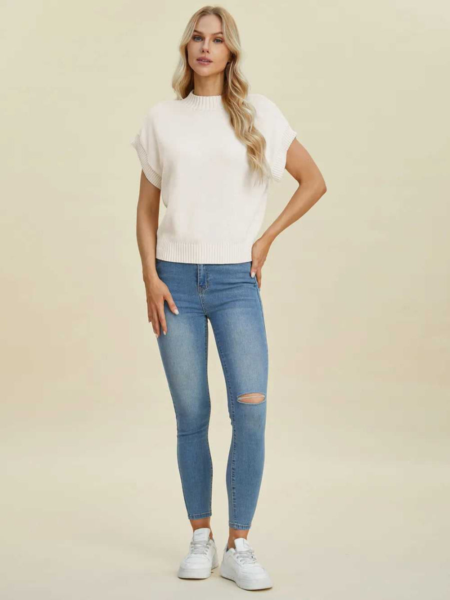 Double Take Full Size Mock Neck Short Sleeve Sweater - Hopeford Streams