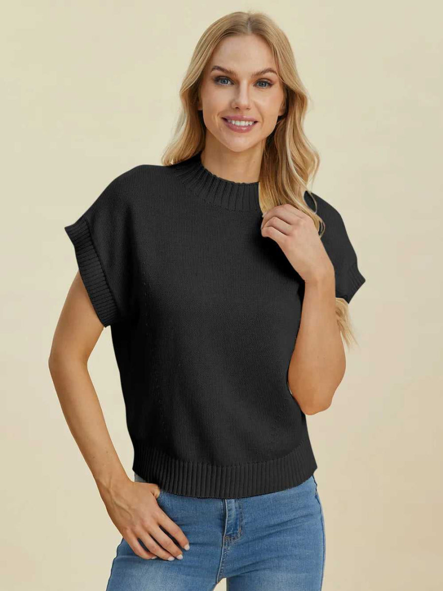 Double Take Full Size Mock Neck Short Sleeve Sweater - Hopeford Streams