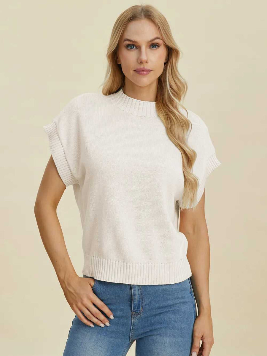 Double Take Full Size Mock Neck Short Sleeve Sweater - Hopeford Streams