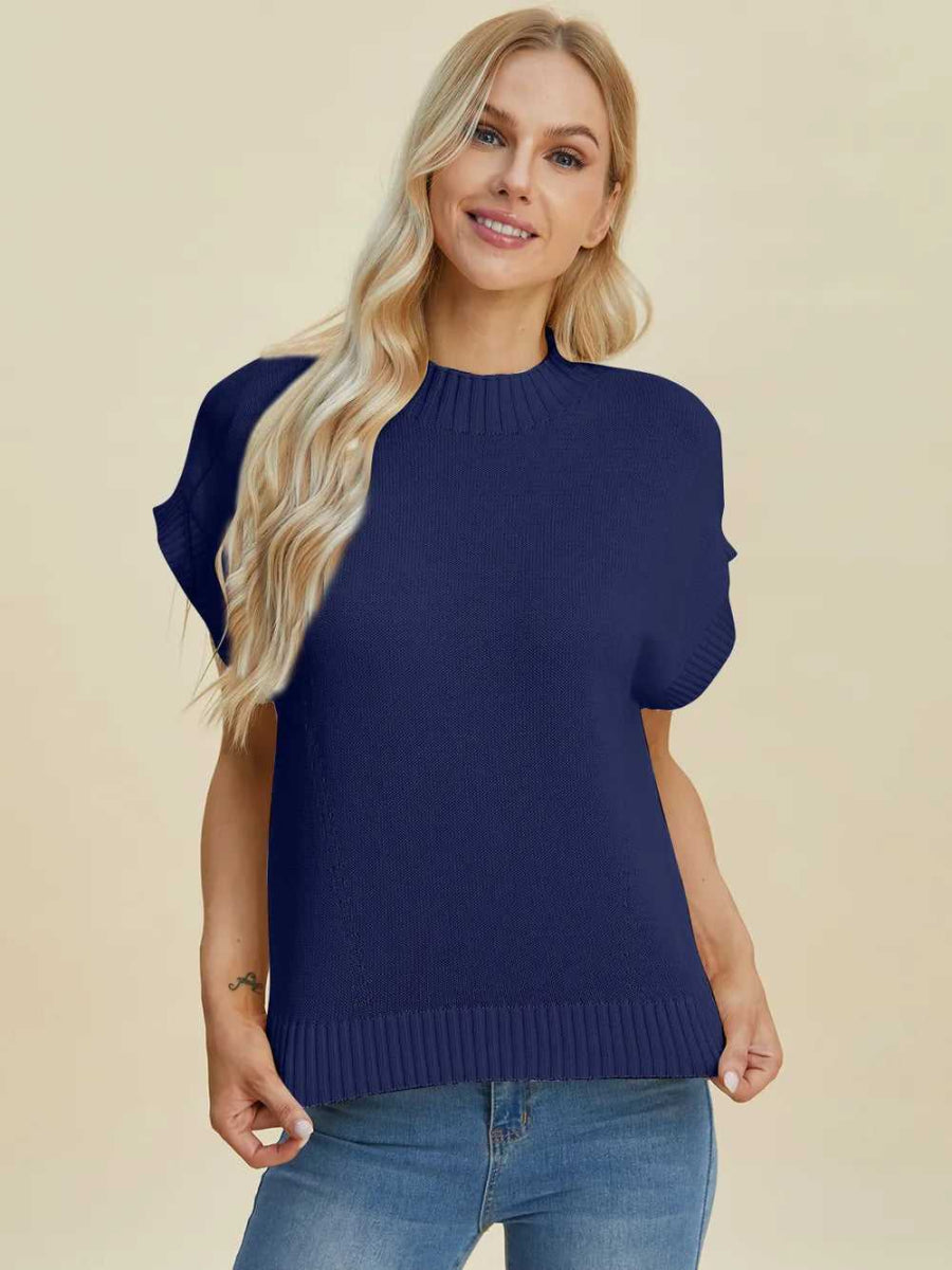 Double Take Full Size Mock Neck Short Sleeve Sweater - Hopeford Streams