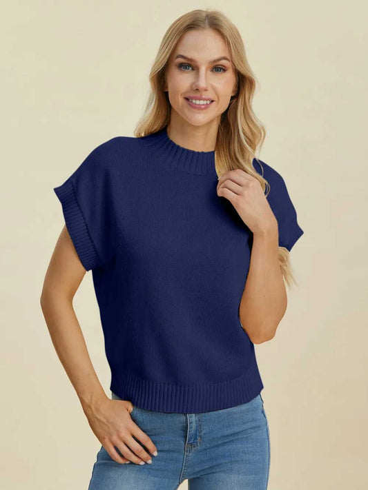 Double Take Full Size Mock Neck Short Sleeve Sweater - Hopeford Streams