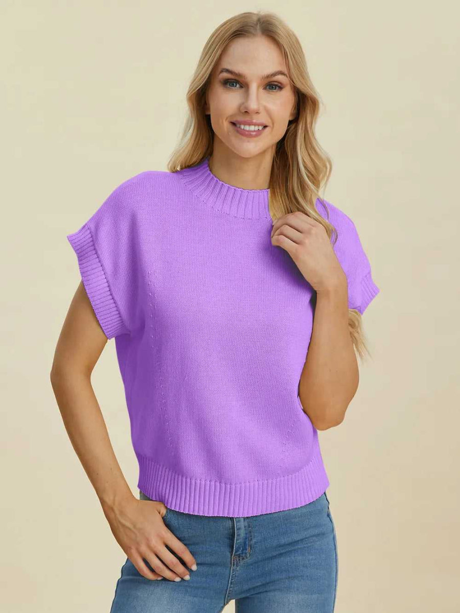 Double Take Full Size Mock Neck Short Sleeve Sweater - Hopeford Streams