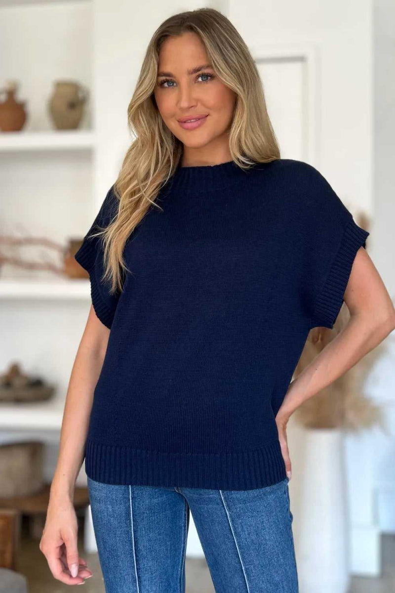 Double Take Full Size Mock Neck Short Sleeve Sweater - Hopeford Streams