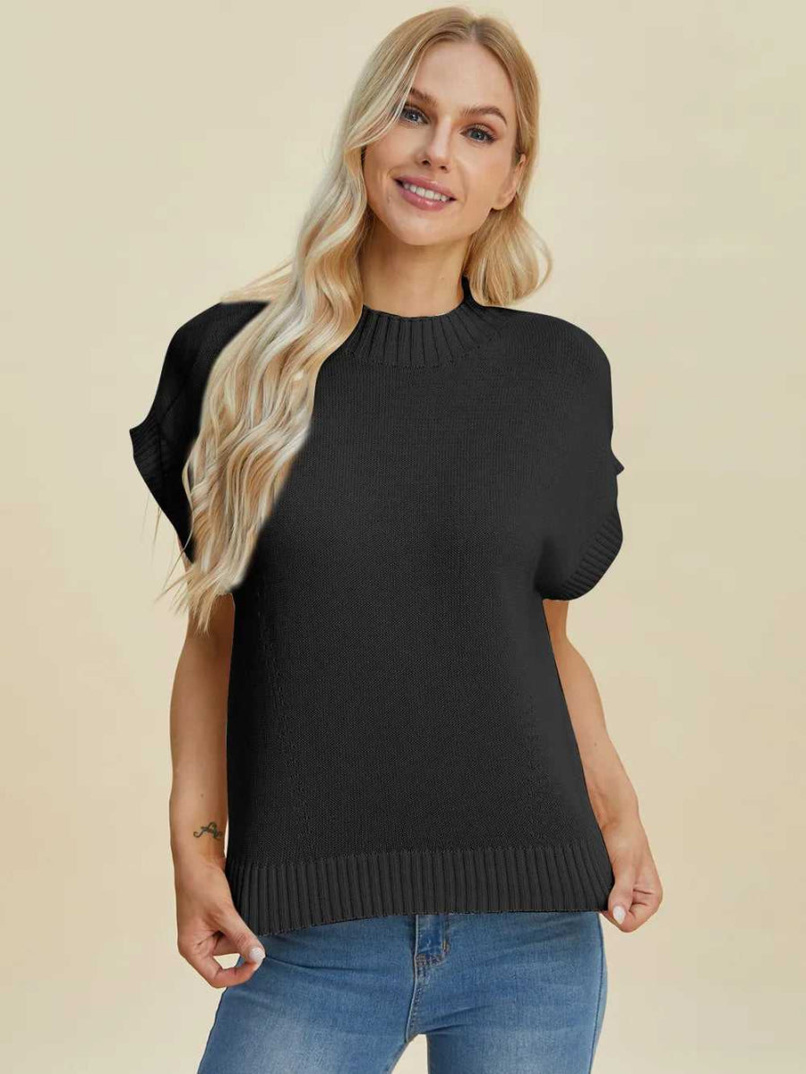 Double Take Full Size Mock Neck Short Sleeve Sweater - Hopeford Streams