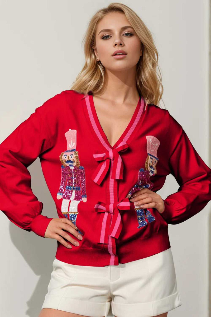 Double Take Full Size Nutcracker Sequin Bow Decor Cardigan - Hopeford Streams