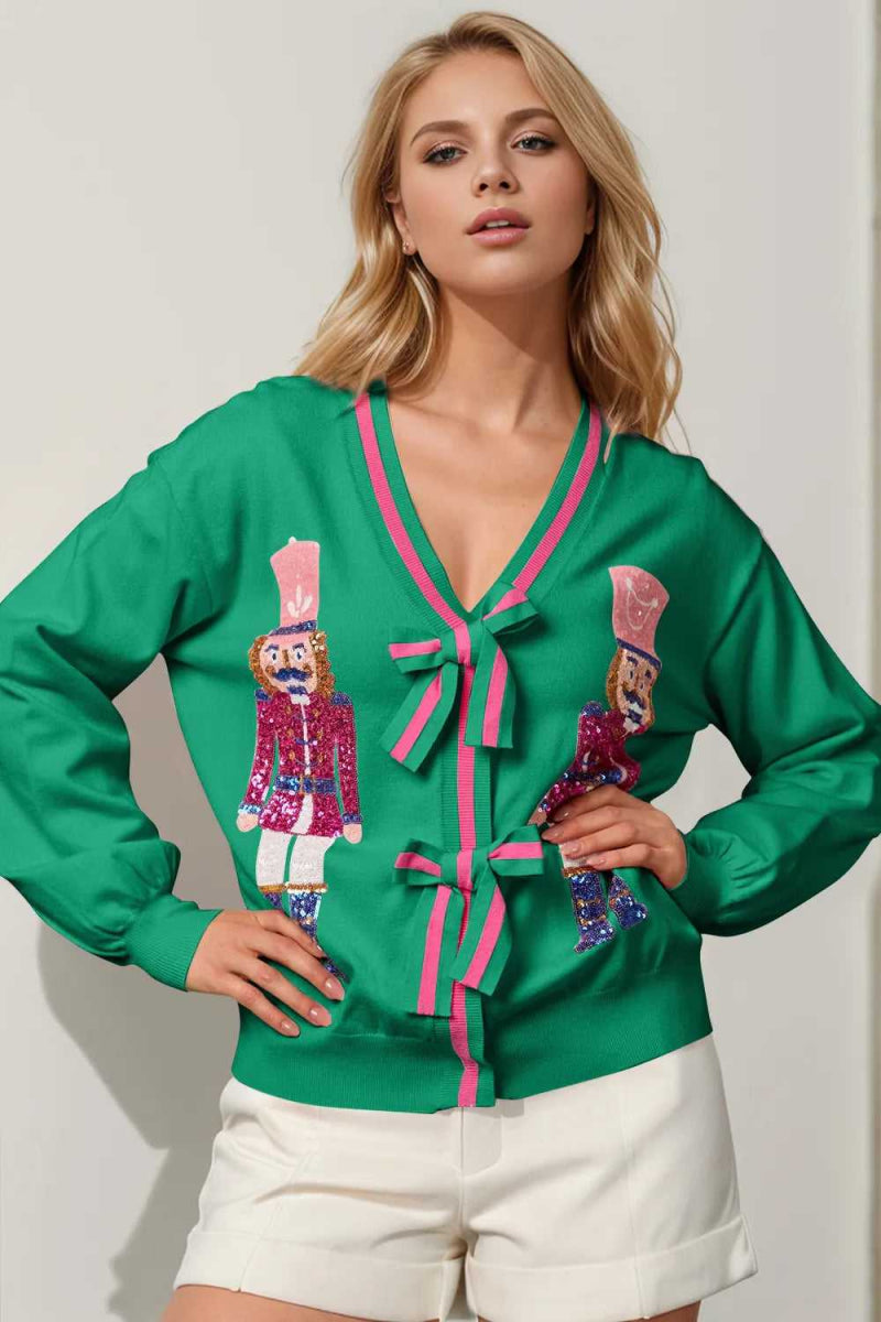 Double Take Full Size Nutcracker Sequin Bow Decor Cardigan - Hopeford Streams