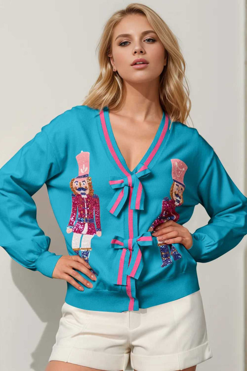 Double Take Full Size Nutcracker Sequin Bow Decor Cardigan - Hopeford Streams