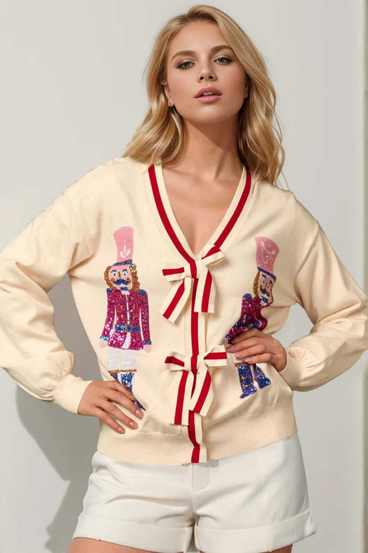 Double Take Full Size Nutcracker Sequin Bow Decor Cardigan - Hopeford Streams