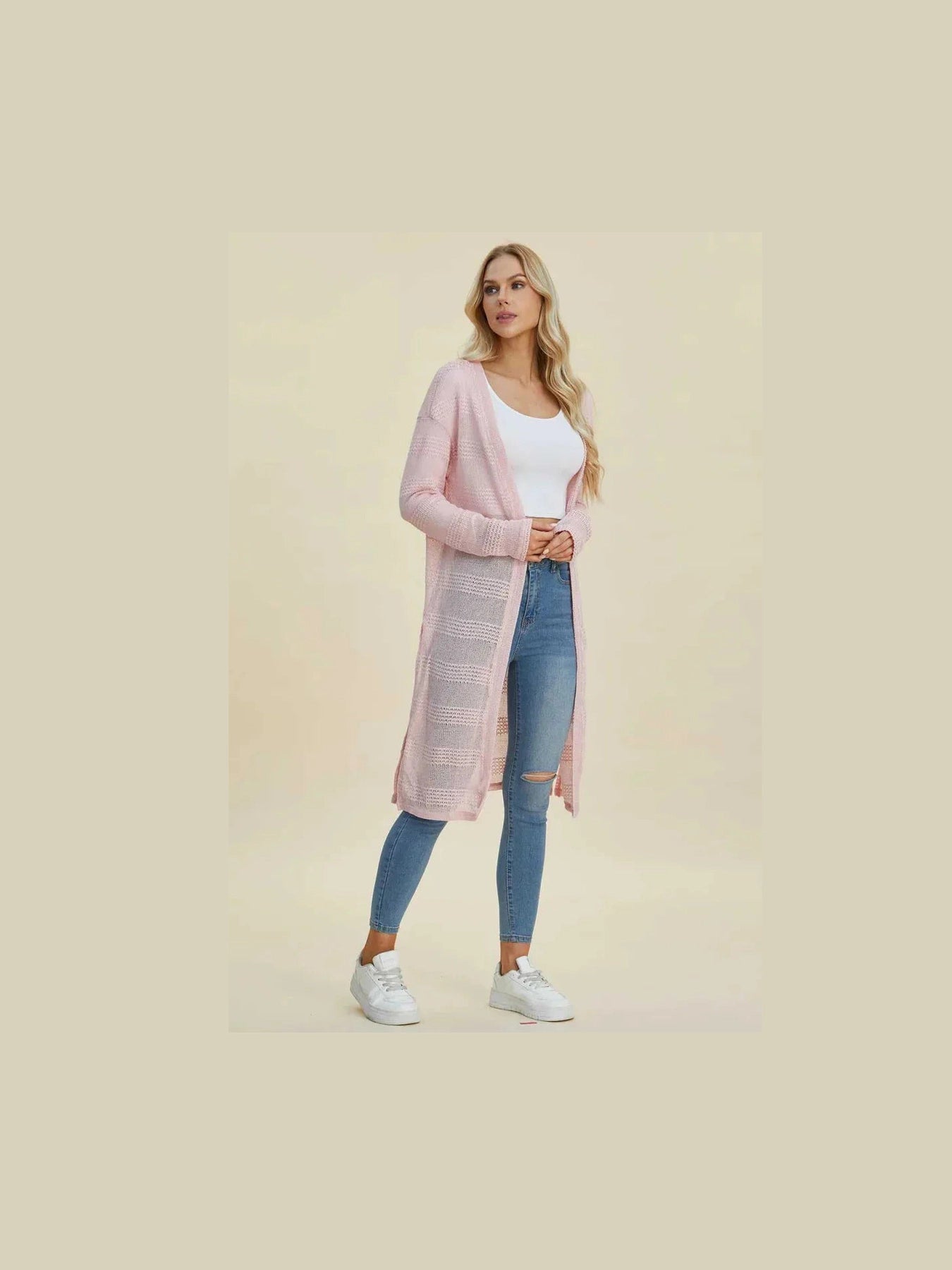 Double Take Full Size Open Front Longline Cardigan -- 