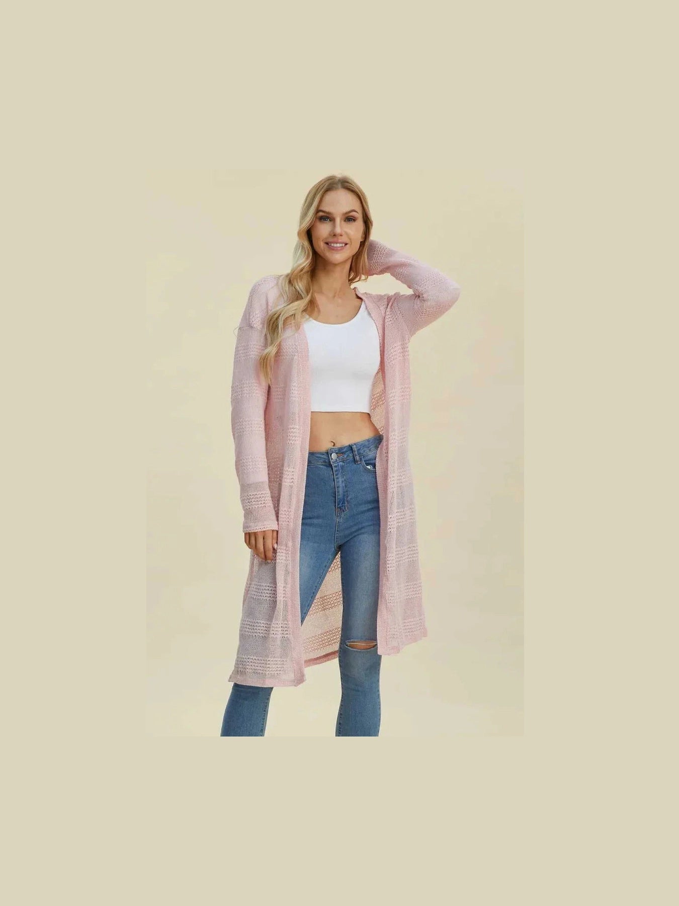 Double Take Full Size Open Front Longline Cardigan -- 