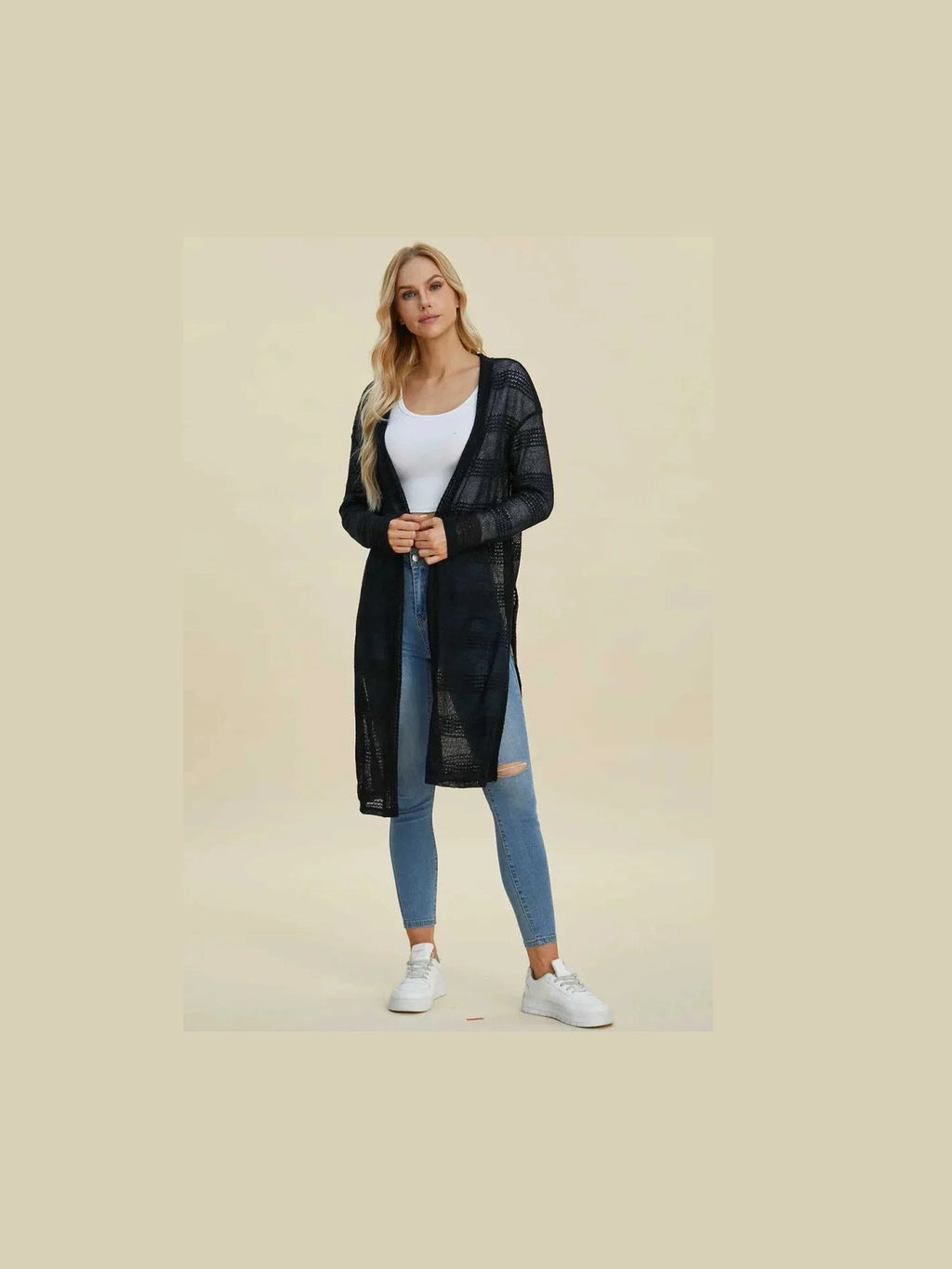 Double Take Full Size Open Front Longline Cardigan -- 
