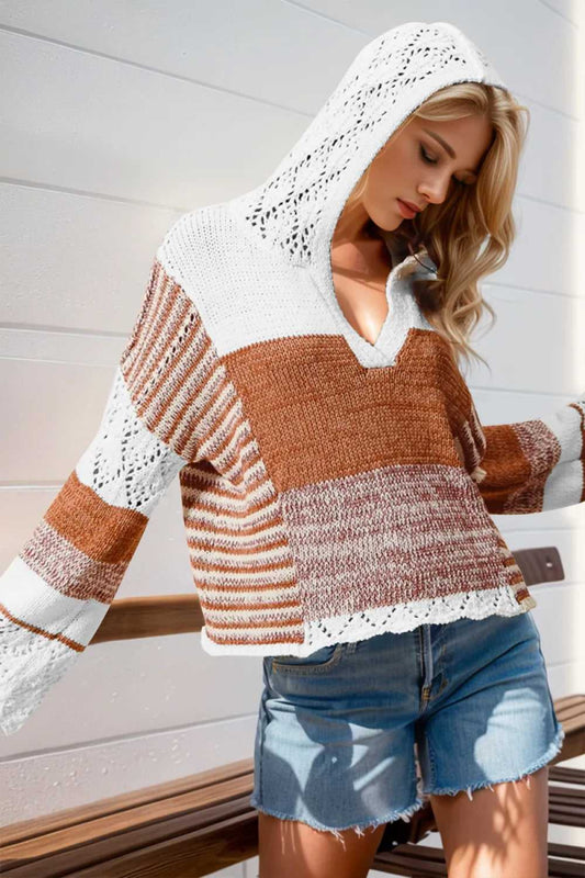 Double Take Full Size Openwork Contrast Long Sleeve Hooded Sweater - Hopeford Streams