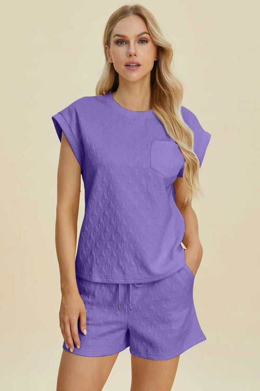 Double Take Full Size Pocketed Texture Round Neck Top and Shorts Set - Hopeford Streams
