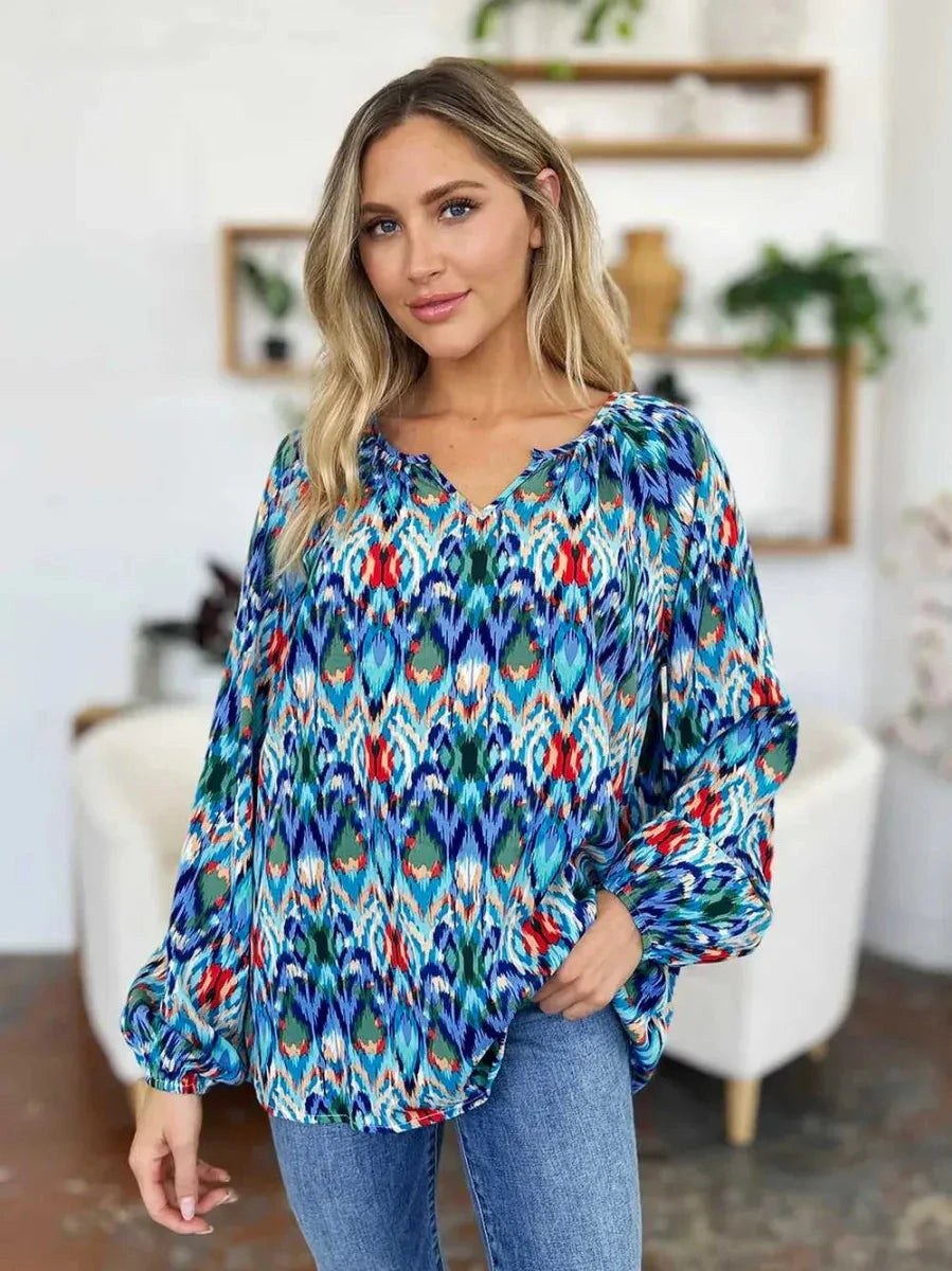 Double Take Full Size Printed Balloon Sleeve Blouse -- 