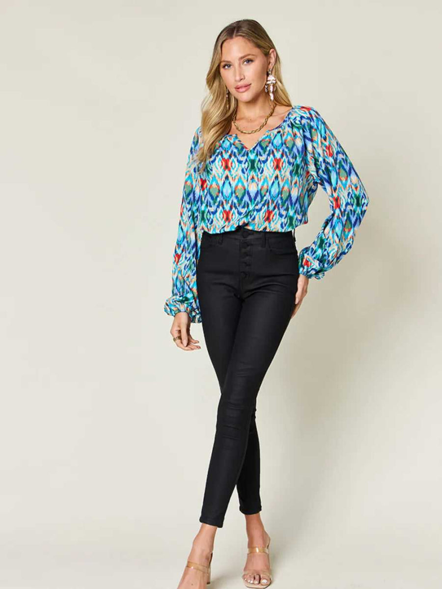 Double Take Full Size Printed Balloon Sleeve Blouse - Hopeford Streams