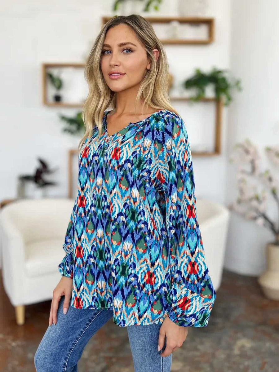 Double Take Full Size Printed Balloon Sleeve Blouse - Hopeford Streams