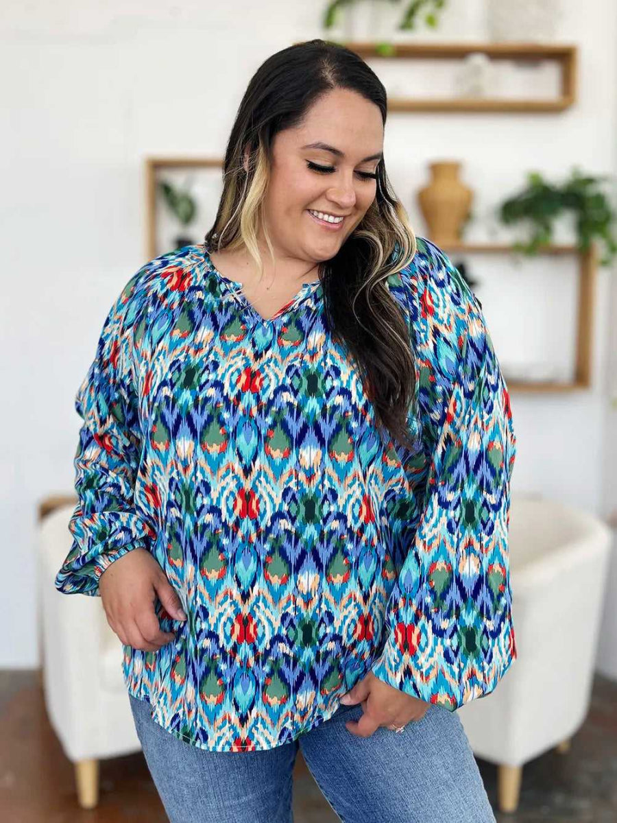 Double Take Full Size Printed Balloon Sleeve Blouse - Hopeford Streams