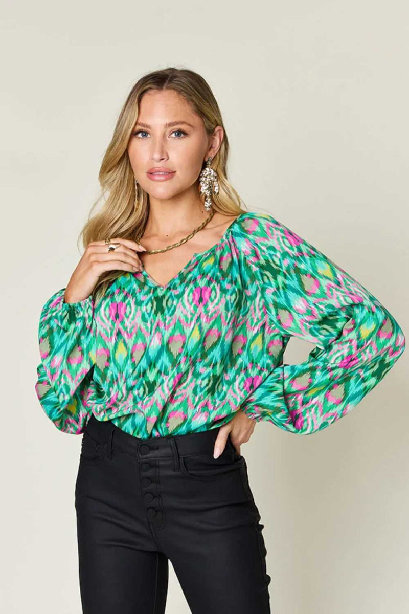 Double Take Full Size Printed Balloon Sleeve Blouse - Hopeford Streams
