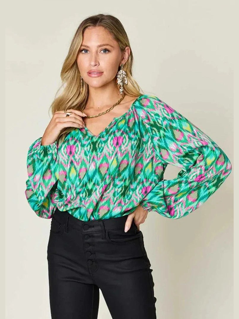 Double Take Full Size Printed Balloon Sleeve Blouse -- 