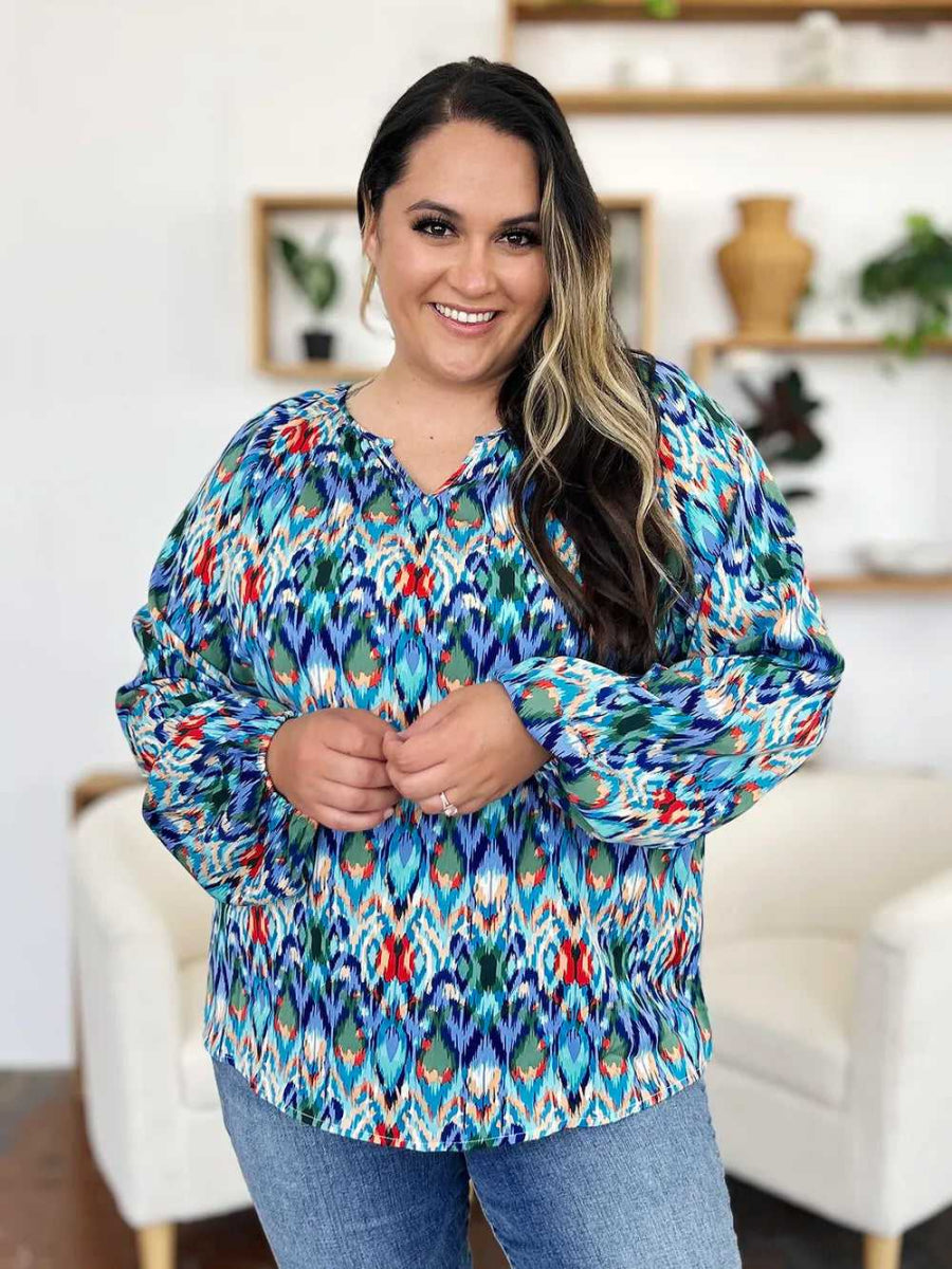 Double Take Full Size Printed Balloon Sleeve Blouse - Hopeford Streams