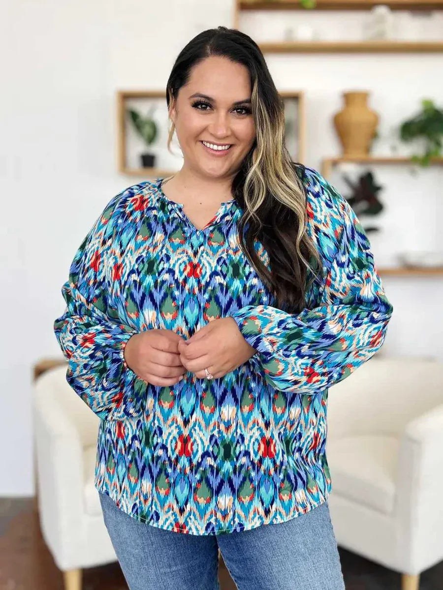 Double Take Full Size Printed Balloon Sleeve Blouse -- 