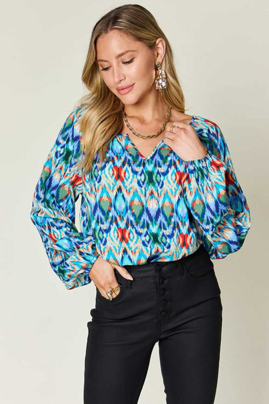 Double Take Full Size Printed Balloon Sleeve Blouse - Hopeford Streams