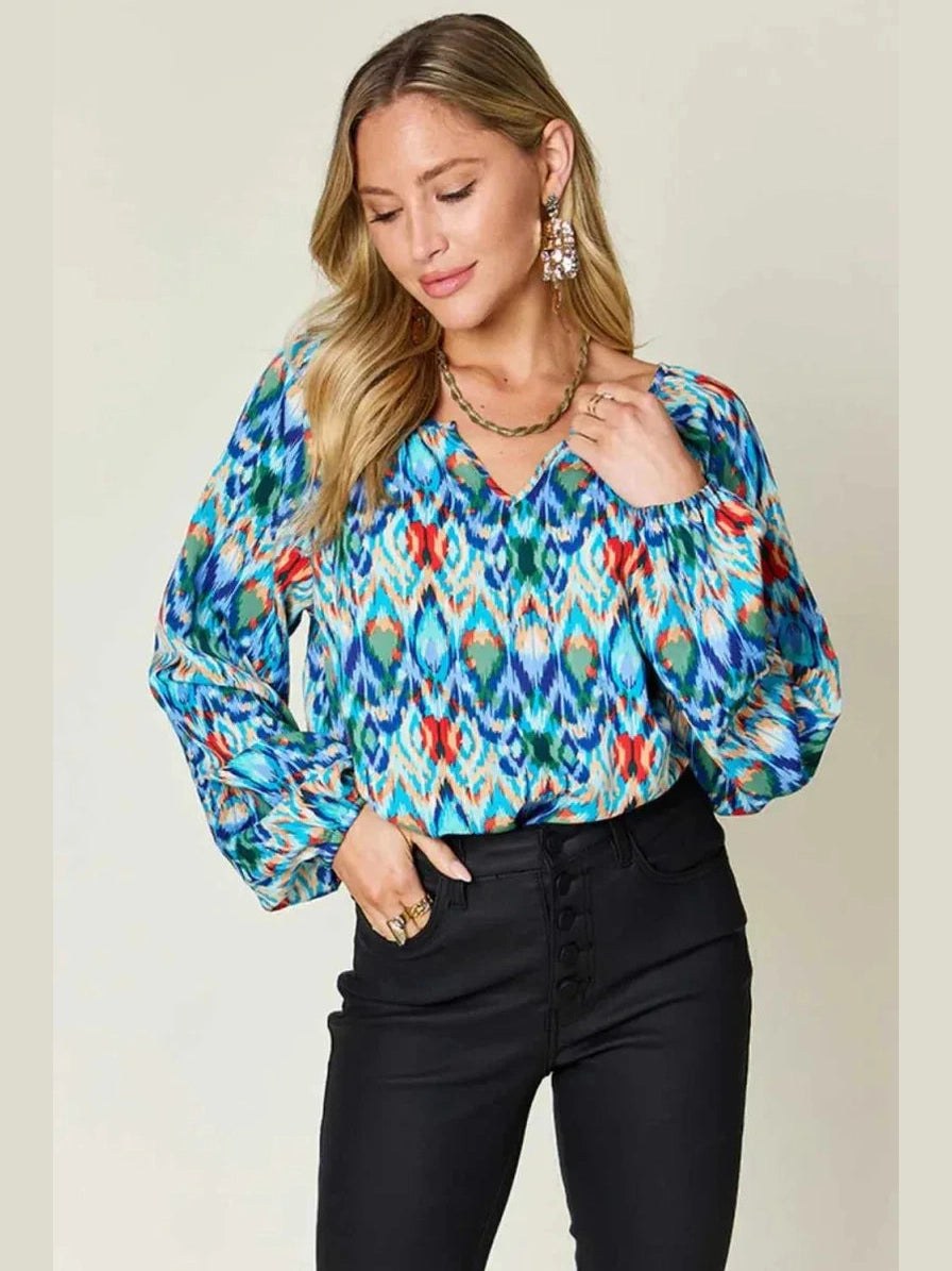 Double Take Full Size Printed Balloon Sleeve Blouse -- 