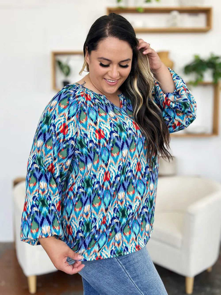 Double Take Full Size Printed Balloon Sleeve Blouse - Hopeford Streams