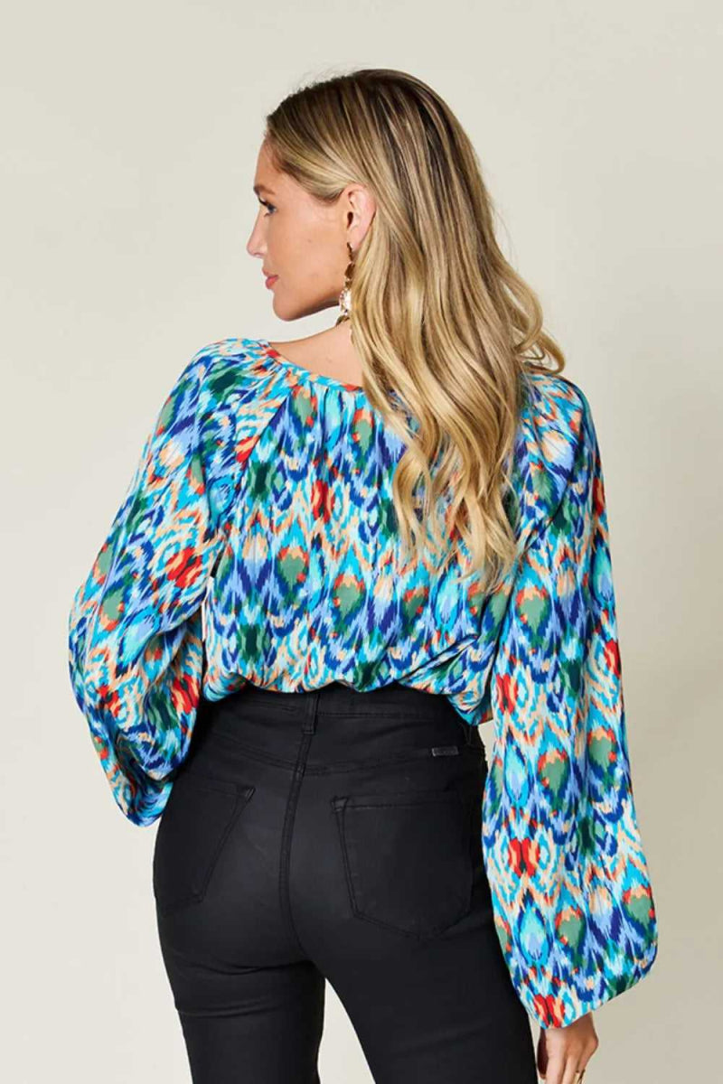 Double Take Full Size Printed Balloon Sleeve Blouse - Hopeford Streams