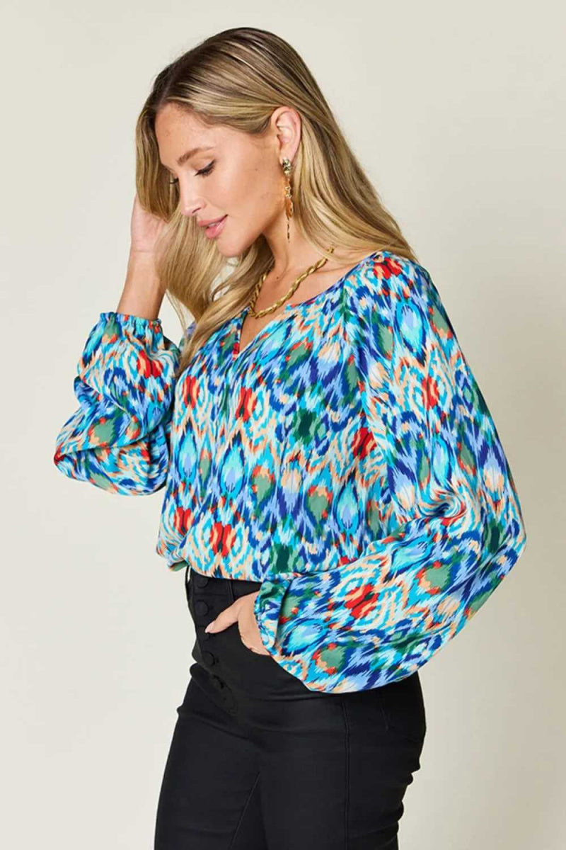 Double Take Full Size Printed Balloon Sleeve Blouse - Hopeford Streams