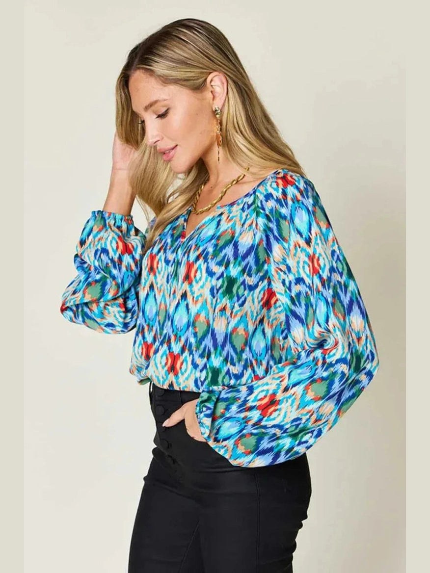 Double Take Full Size Printed Balloon Sleeve Blouse -- 