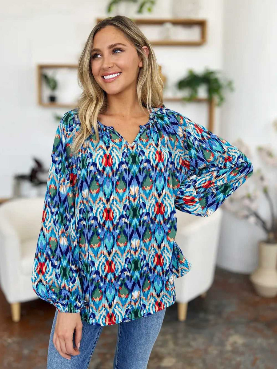 Double Take Full Size Printed Balloon Sleeve Blouse - Hopeford Streams