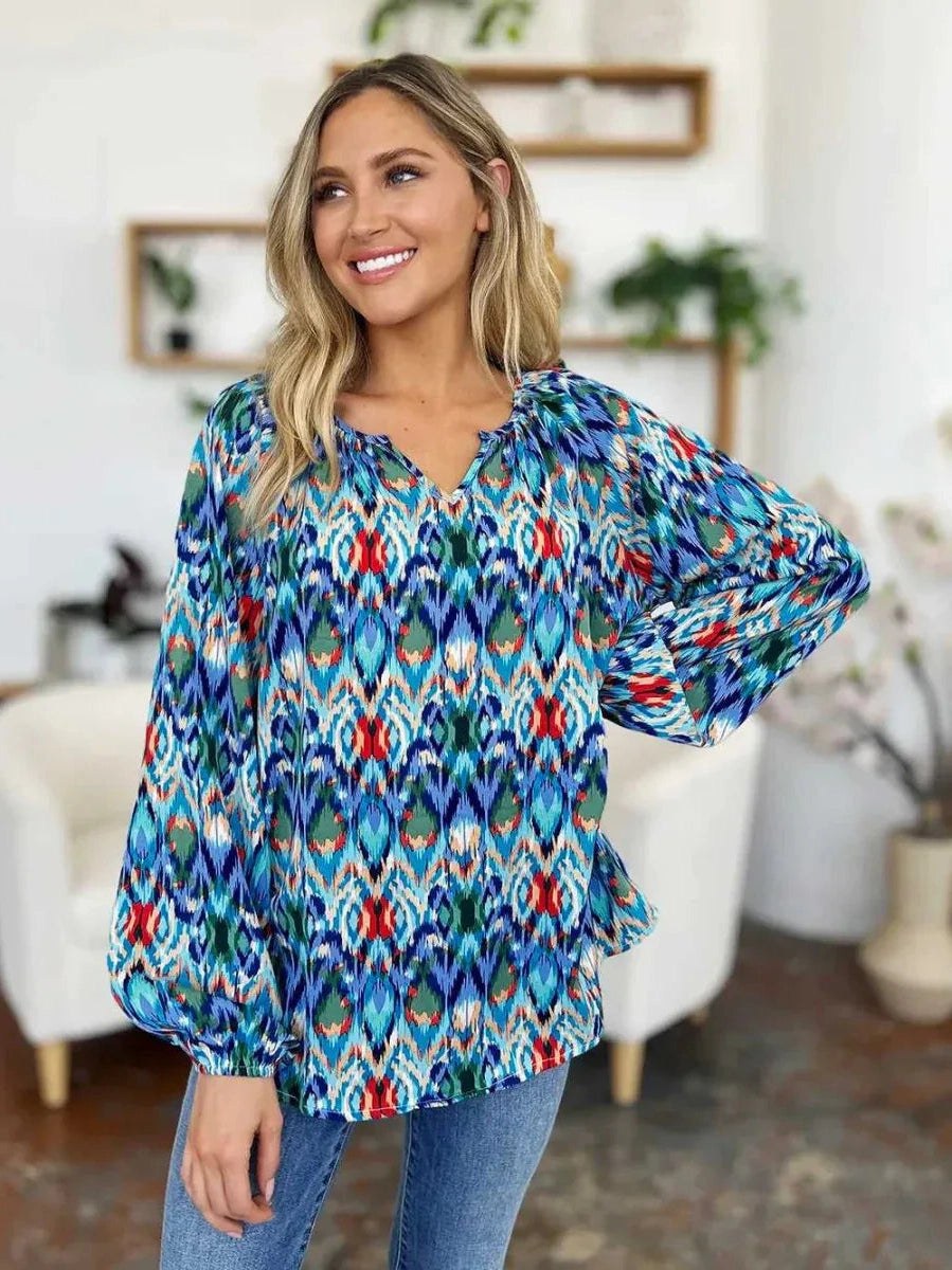 Double Take Full Size Printed Balloon Sleeve Blouse -- 