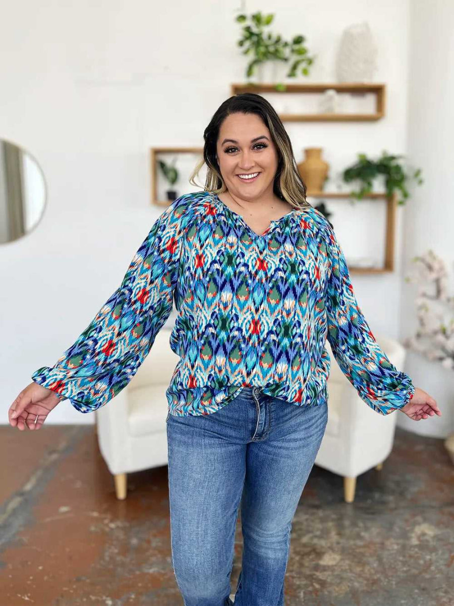 Double Take Full Size Printed Balloon Sleeve Blouse - Hopeford Streams