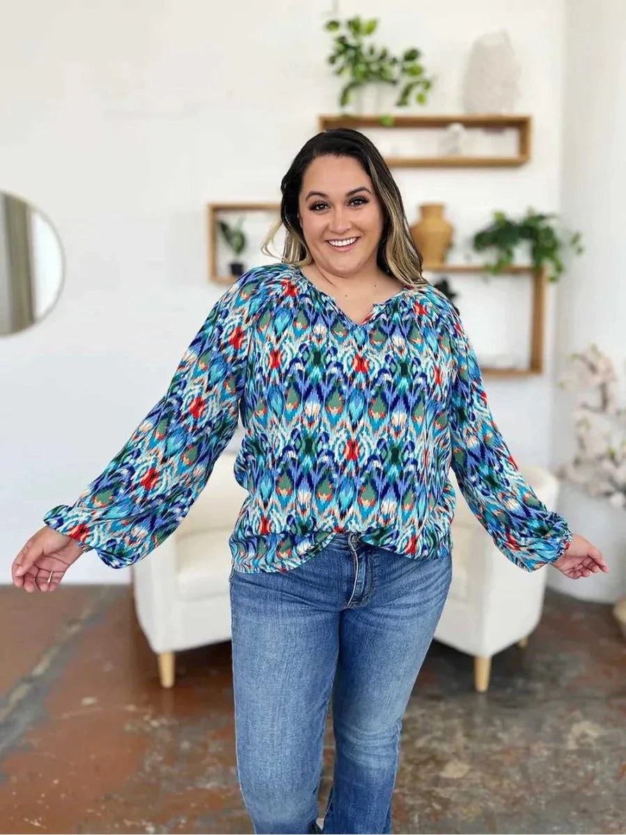 Double Take Full Size Printed Balloon Sleeve Blouse -- 
