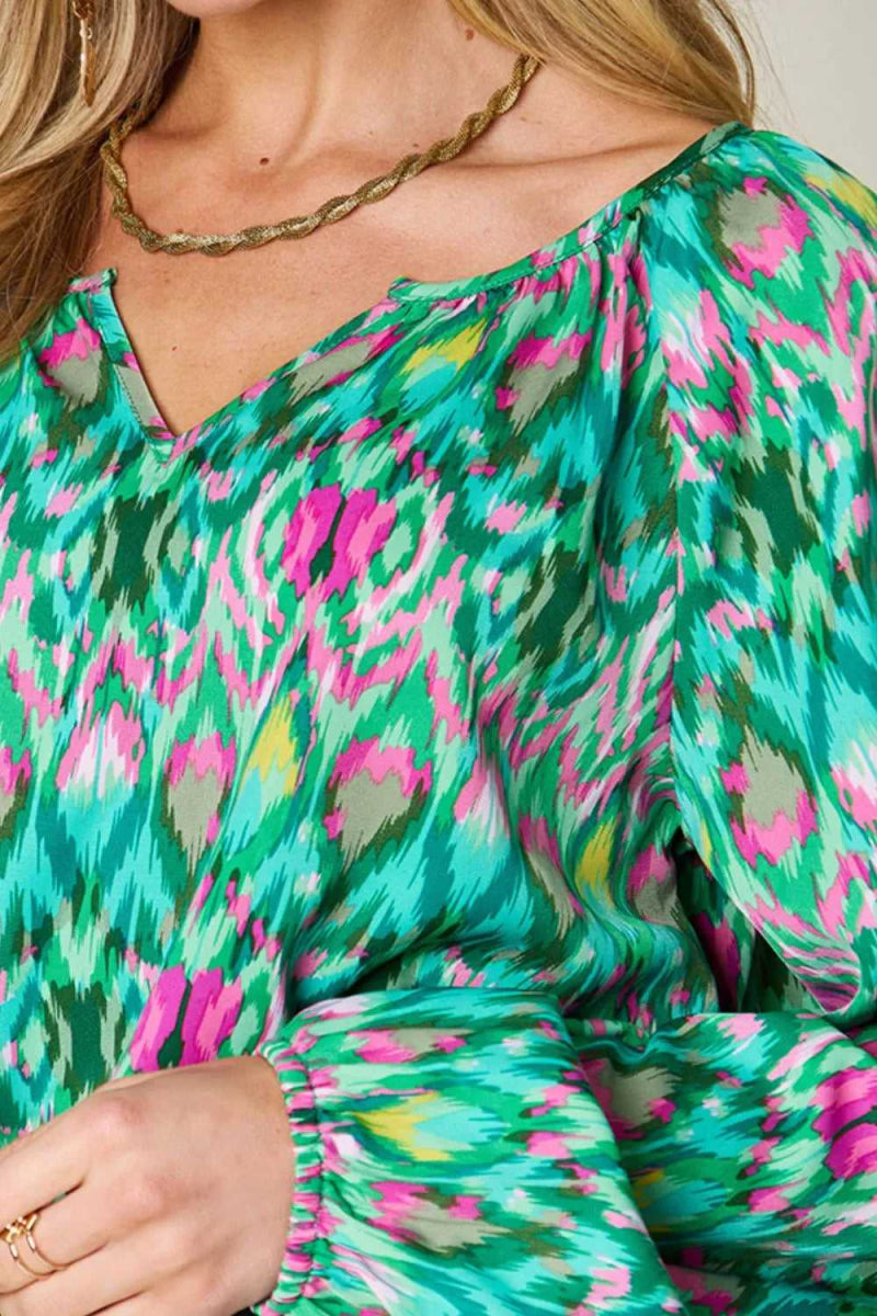 Double Take Full Size Printed Balloon Sleeve Blouse - Hopeford Streams