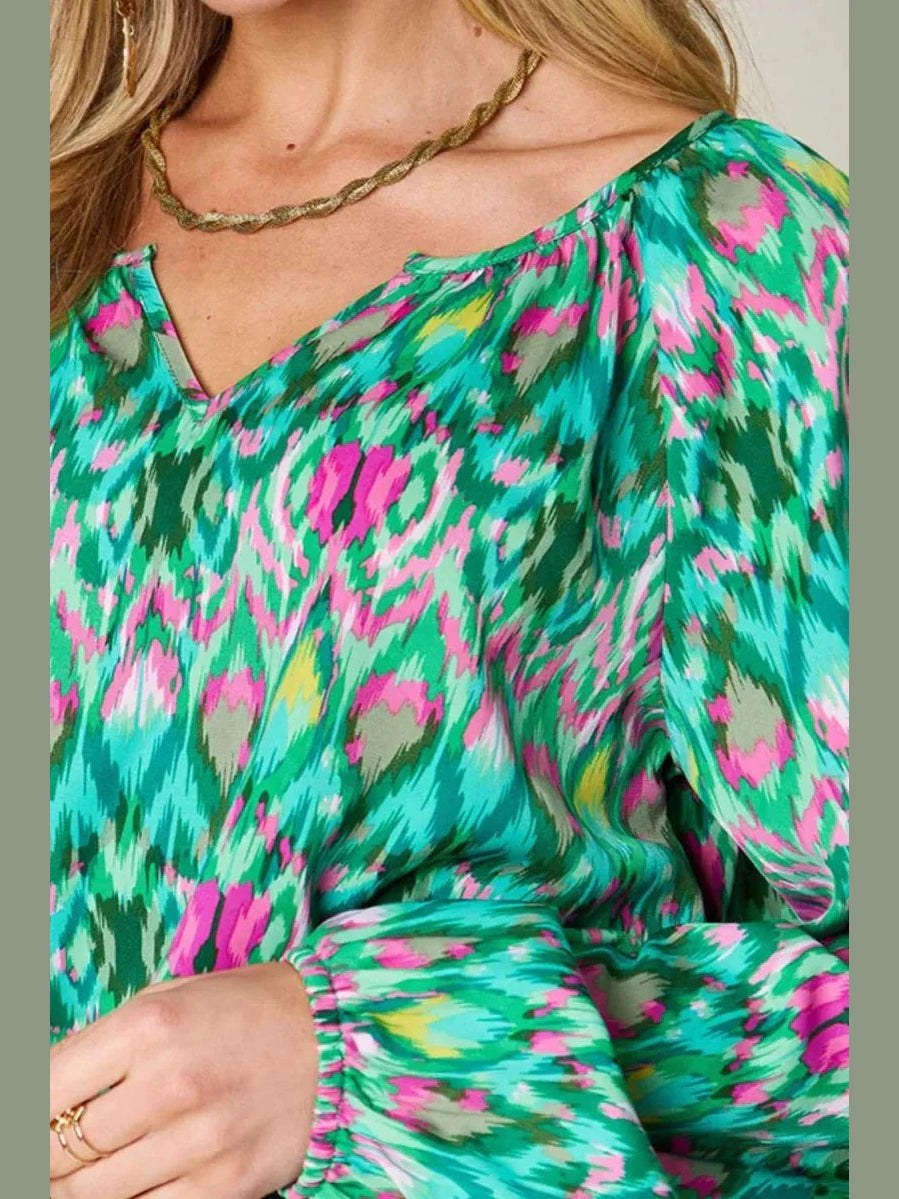 Double Take Full Size Printed Balloon Sleeve Blouse -- 
