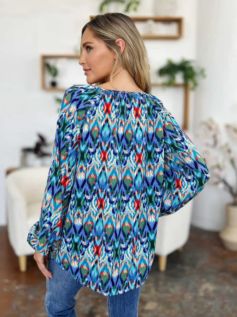 Double Take Full Size Printed Balloon Sleeve Blouse - Hopeford Streams