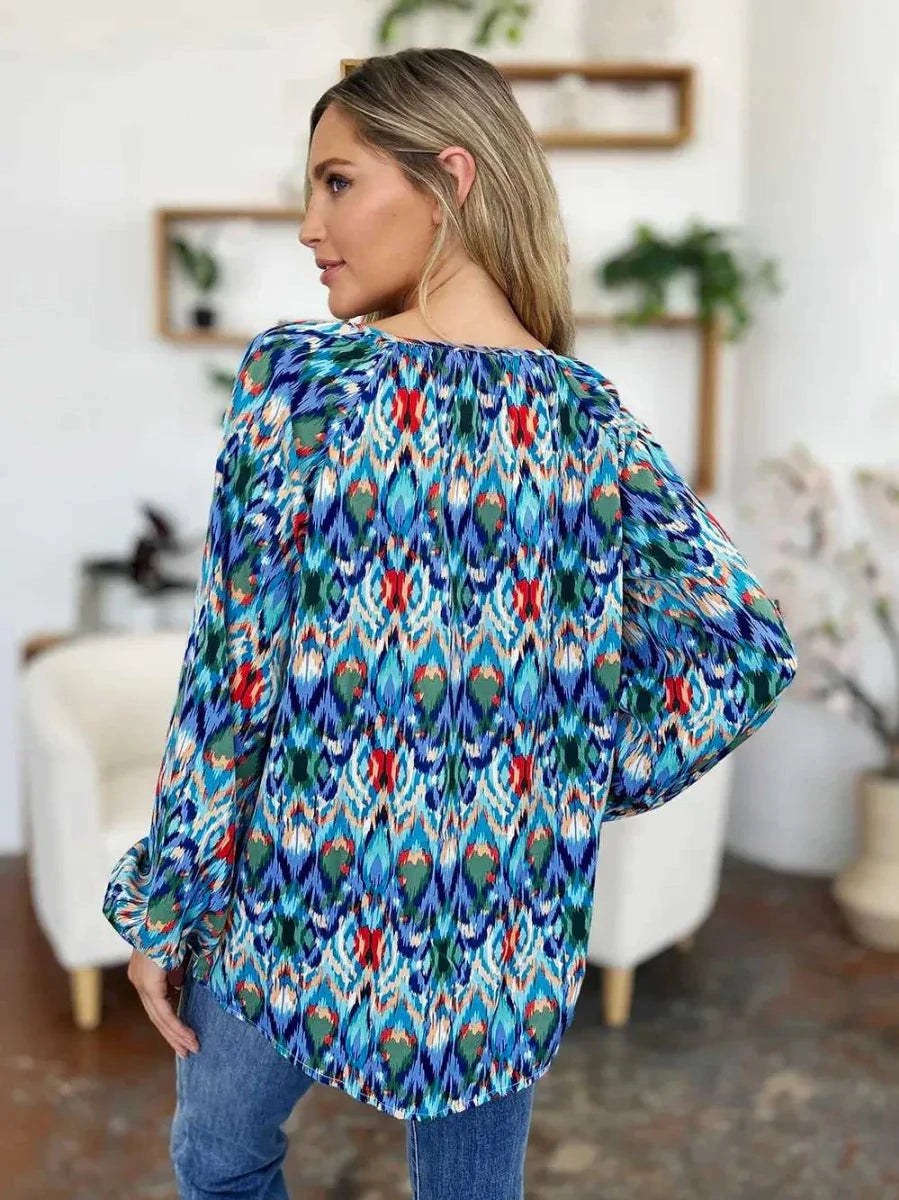 Double Take Full Size Printed Balloon Sleeve Blouse -- 