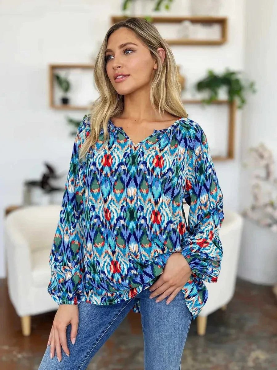 Double Take Full Size Printed Balloon Sleeve Blouse -- 