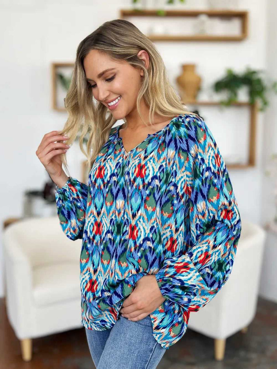 Double Take Full Size Printed Balloon Sleeve Blouse - Hopeford Streams