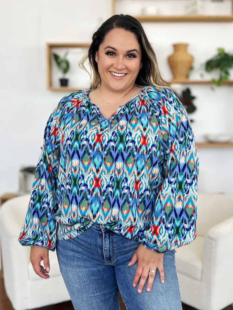 Double Take Full Size Printed Balloon Sleeve Blouse - Hopeford Streams